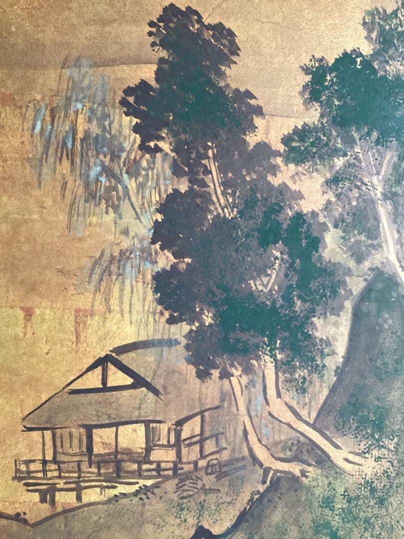 日本画山水画金箔背景