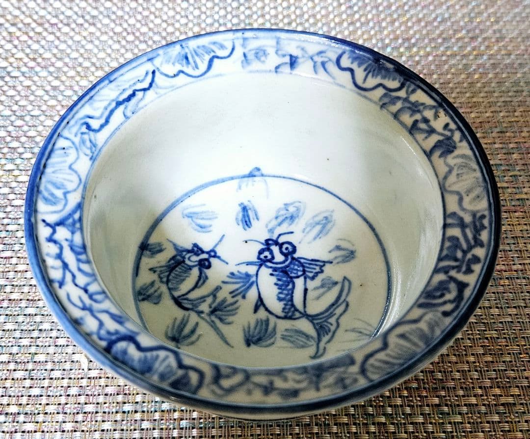 中国古美術　中国古陶磁器　古玩　明朝末期～清朝初期　青華　古染付　金魚図　広口鉢