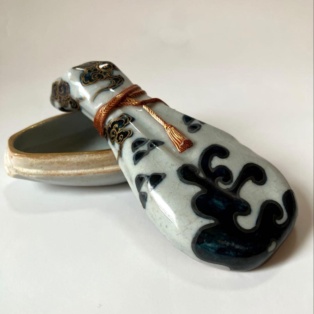 茶道具】宮川香齋作 真葛焼 琵琶袋形香合 色絵金銀彩 真葛印