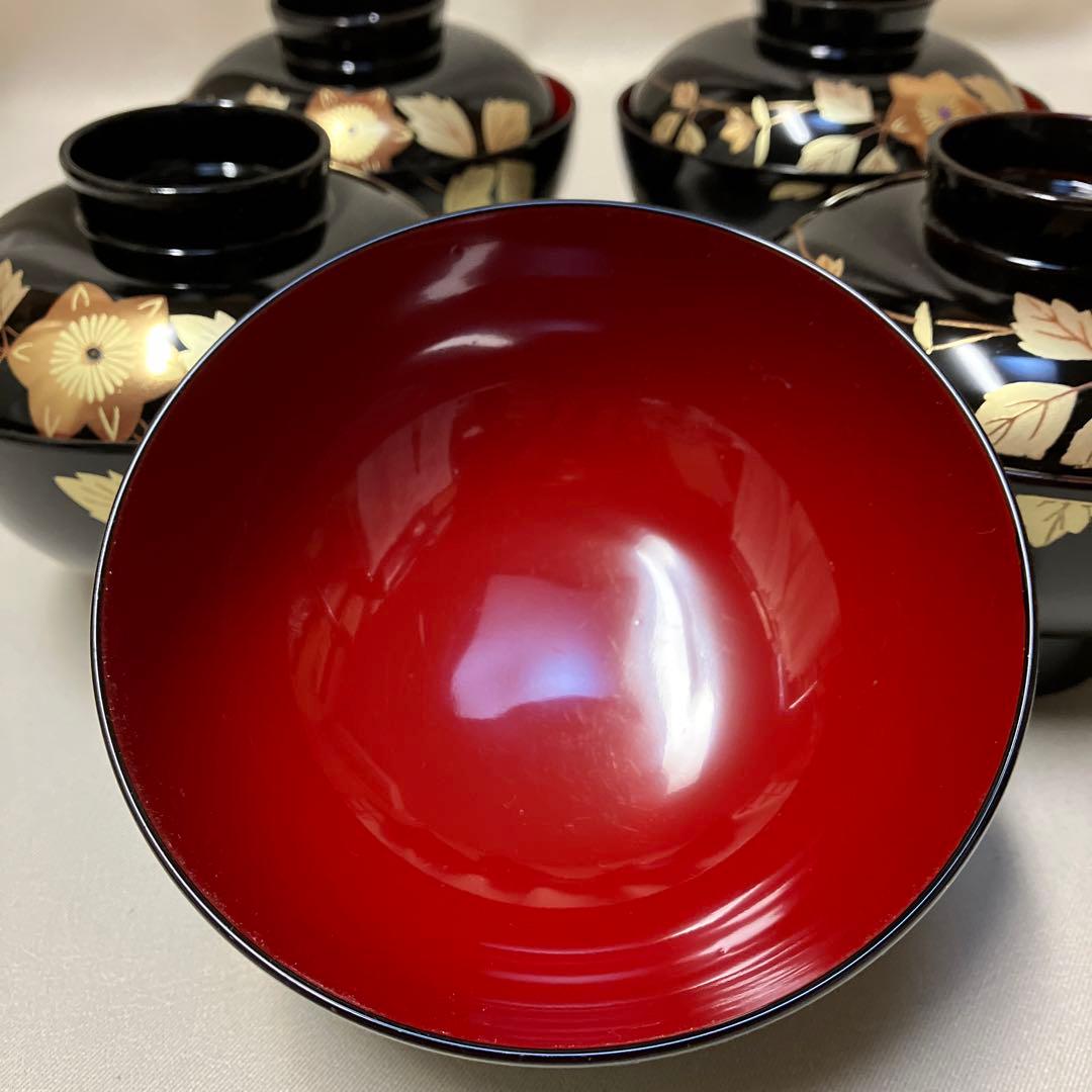 新品 会津塗 蓋つき汁椀 5客 テッセン 蒔絵 会津漆器 蓋付椀 木製漆器