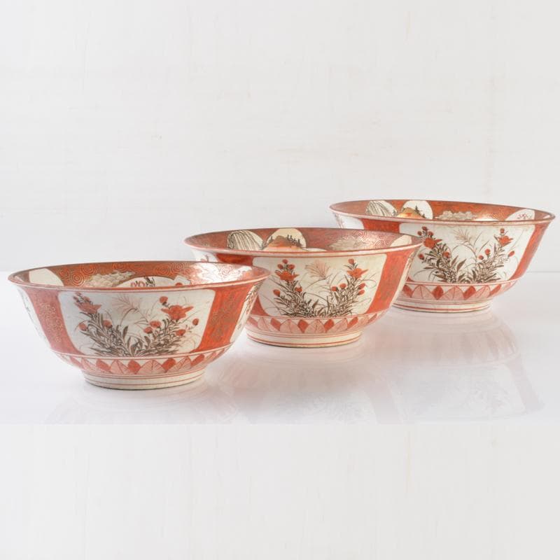 九谷焼 古九谷 赤絵金彩 窓絵 山水人物花文 三ッ組鉢 D