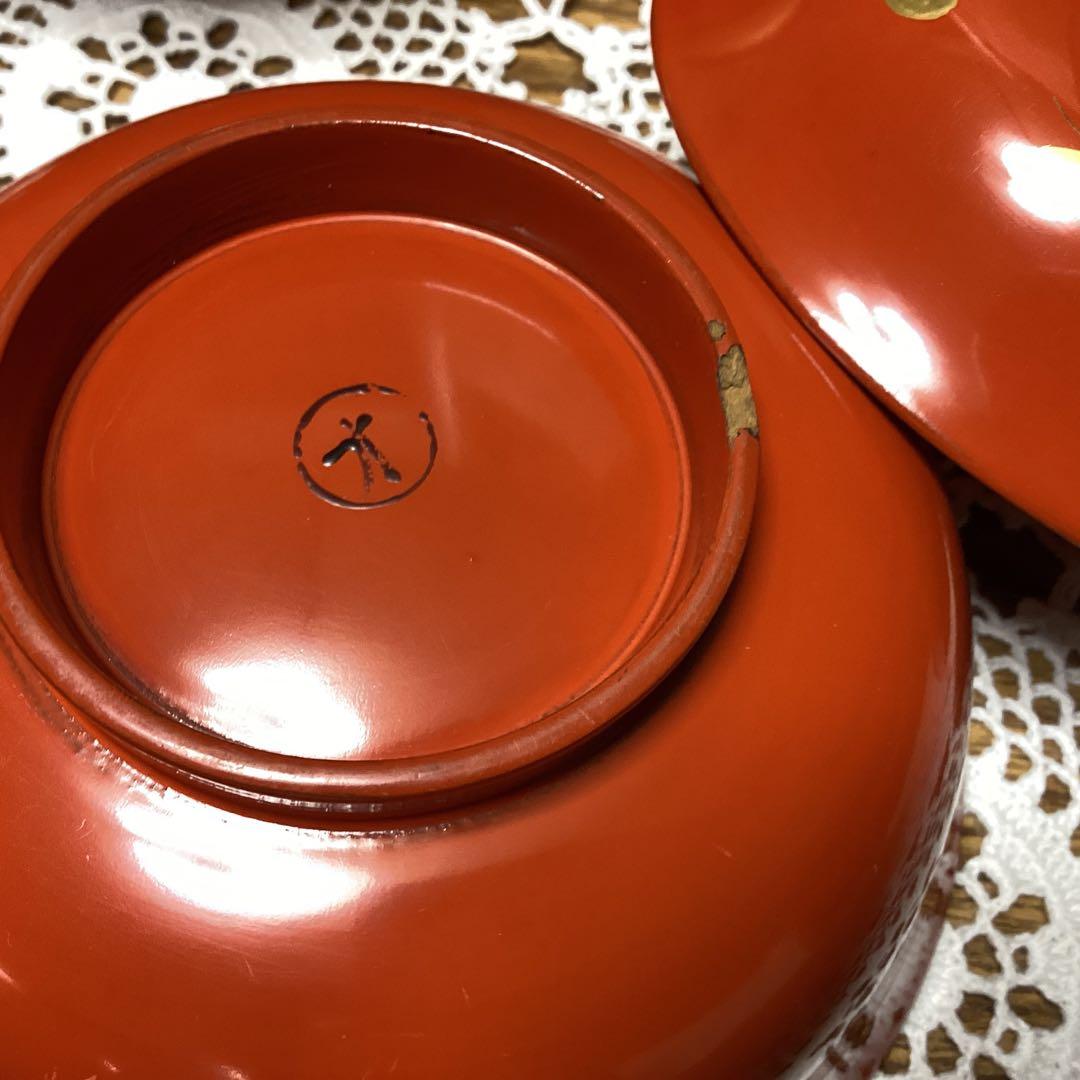 k2f8 朱色 牡丹　蓋付き椀 10客　金色装飾　年代物