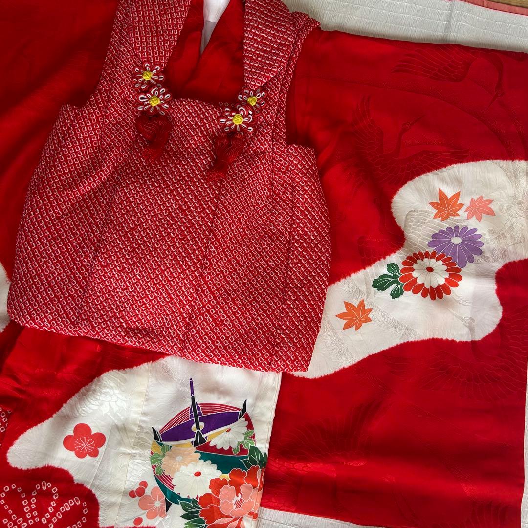 七五三 3歳 総絞り 被布 着物 絹 三歳 赤 草履 753 バッグ 花 レトロ