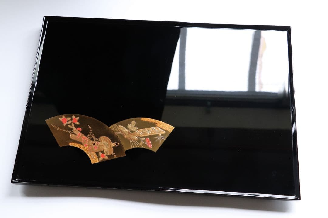 MA202 輪島塗 慶塚 扇面五節句蒔絵 卓上膳 五客 黒塗 足付長方膳 木製