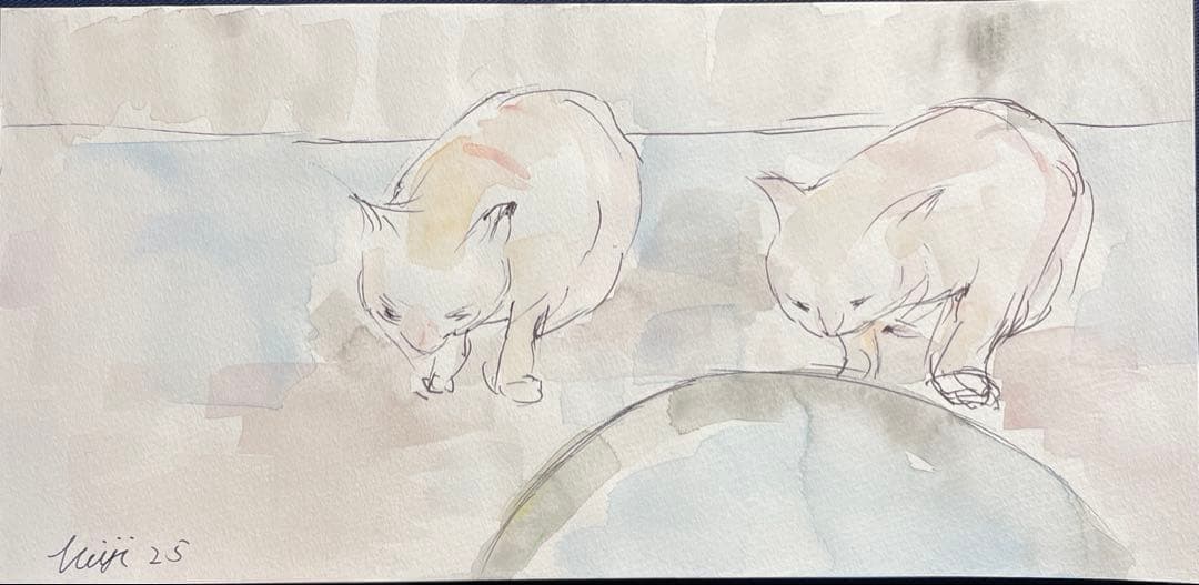 原画】猫 水彩画｜静かな時間｜画用紙・121×251mm｜額装イメージ有