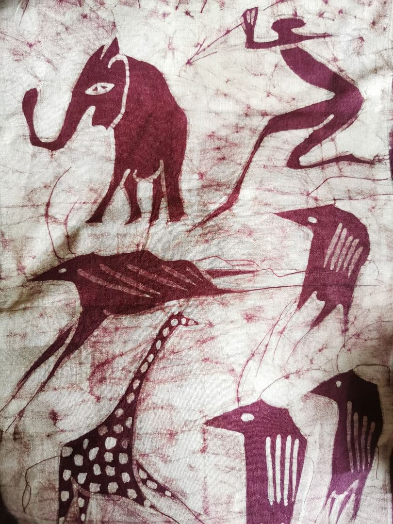 フランスアンティーク店購入バティック 洞窟装飾壁画 古代動物 蝋纈染