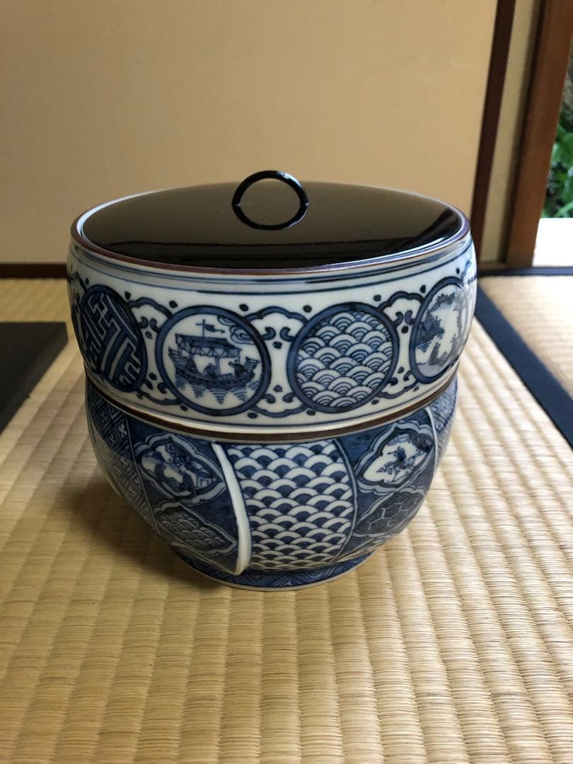 ウ204 水指『景徳鎮 王懐英』『染付竹絵 水指 共箱』