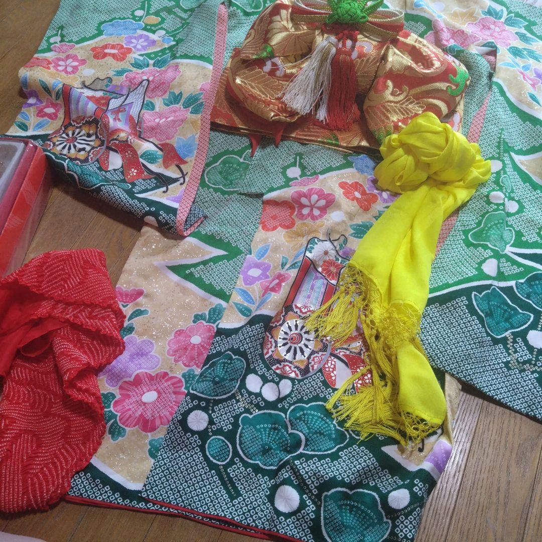 七歳★花緑の鹿の子柄★帯草履はこせこ