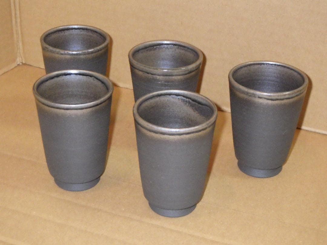 未使用 越前 タンブラー 5客 幡山窯 山崎隆一 越前焼 金沢市 名刺 落款 箱