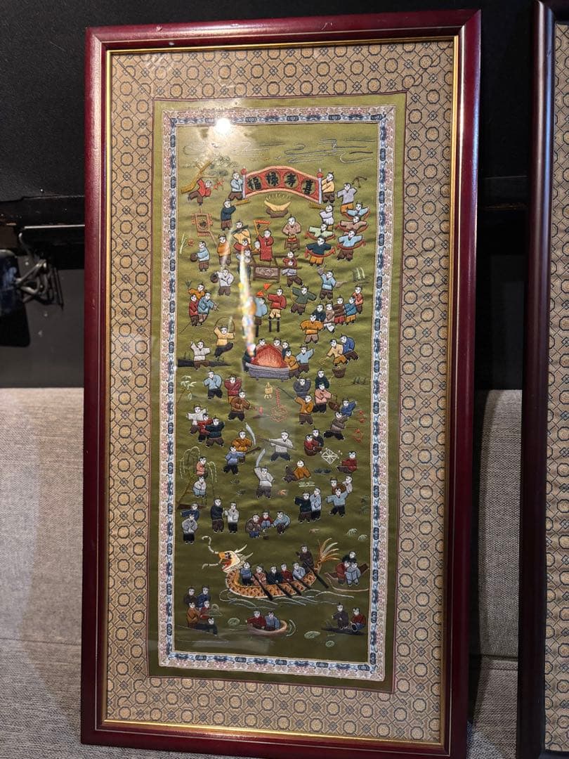 中国 刺繍アート 額装 2点セット｜1980年代 中国購入 民俗