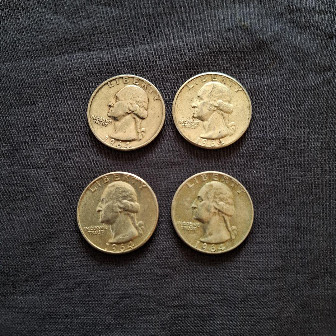 アメリカ、銀貨、1964年発行の25セント銀貨(銀90％)4枚 - メルカリ