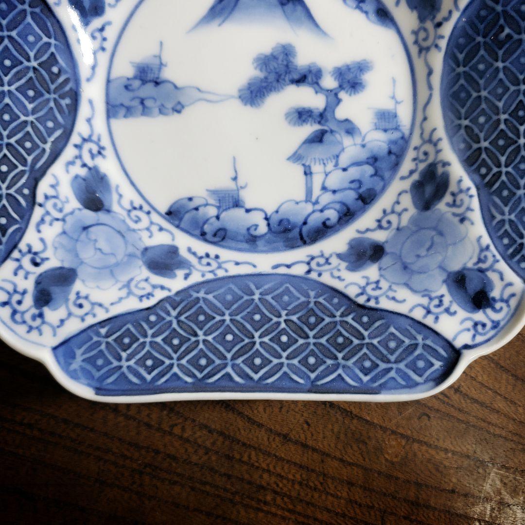 染付角皿 古伊万里 薄造 山水文様 牡丹文 唐草文 七宝繋