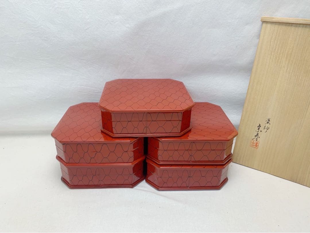 懐石道具 塗師 宗春作 木製 朱塗網目蒔絵 5段縁高重 銘々蓋付き 共箱