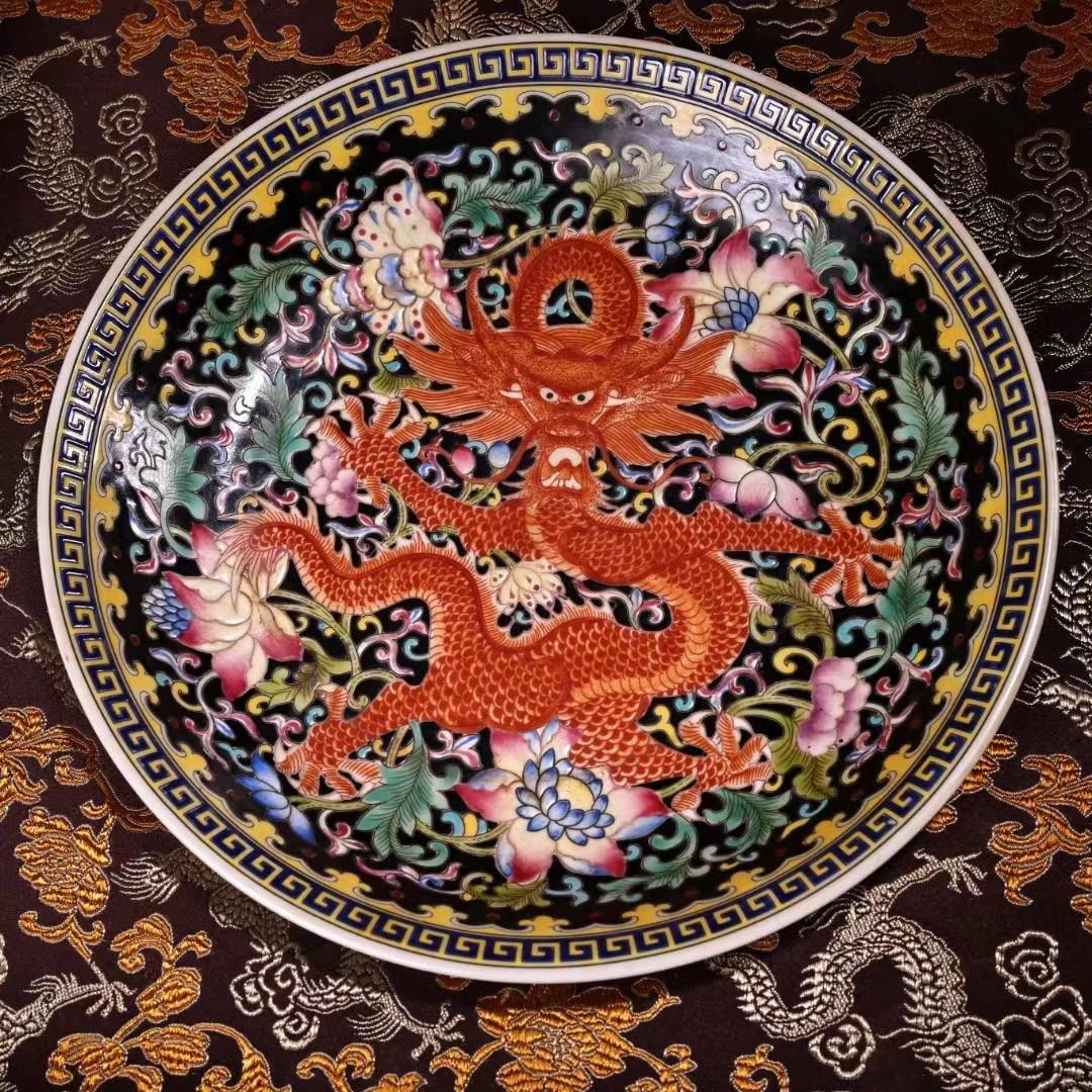 中国古美術・珍蔵粉彩・瑞獣祥龍絵磁器の中皿・純
