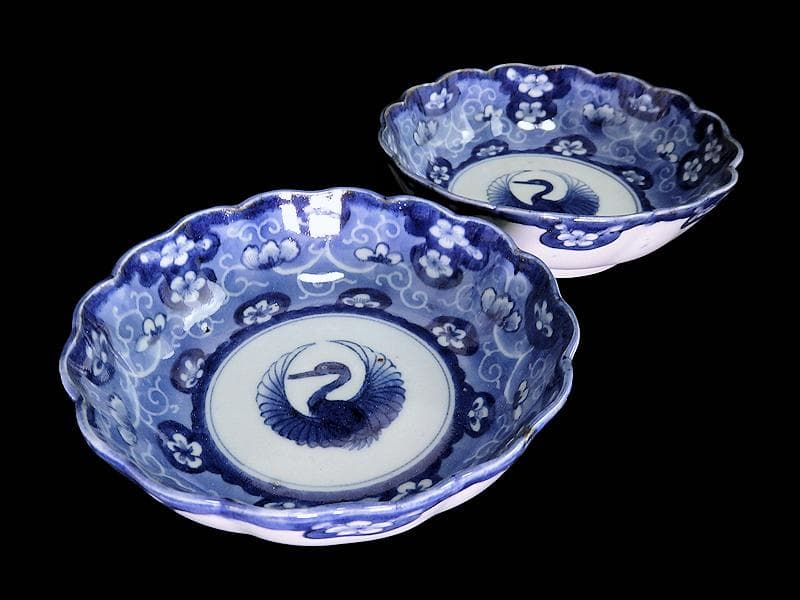 古伊万里　染付　墨弾き　梅花に舞鶴紋の図　膾皿　２客　E520AS-COd