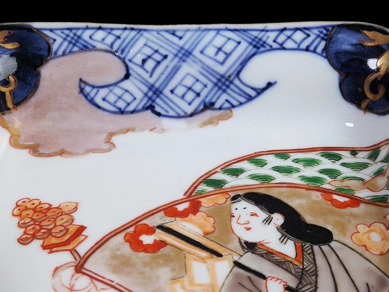 古伊万里 色絵 青海波にお福さんの図 角皿 2客 C084AS-