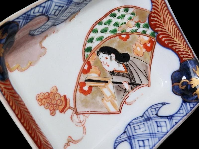 古伊万里 色絵 青海波にお福さんの図 角皿 2客 C084AS-DAa - メルカリ