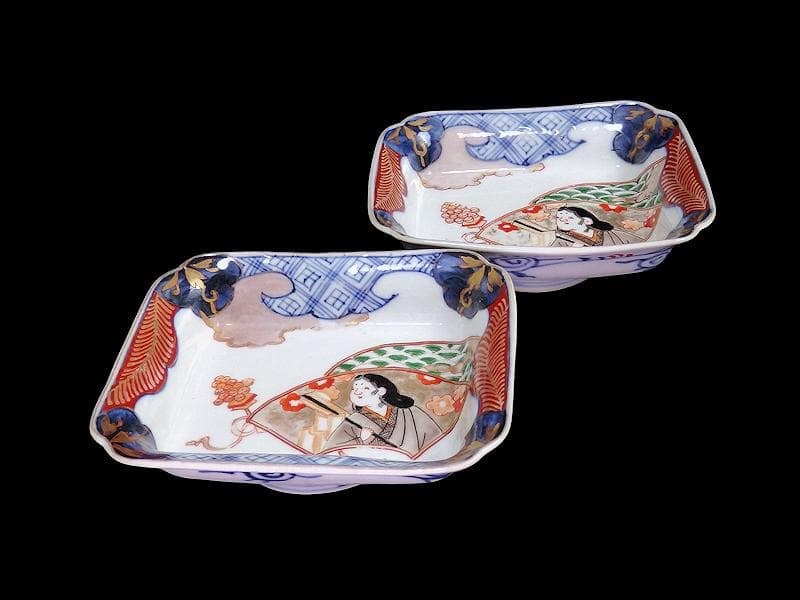 古伊万里 色絵 青海波にお福さんの図 角皿 2客 C084AS-DAa - メルカリ