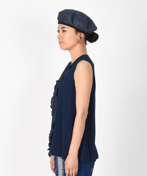 45R ハケ目カットワーク×天竺のキャミソール（インディゴ）.