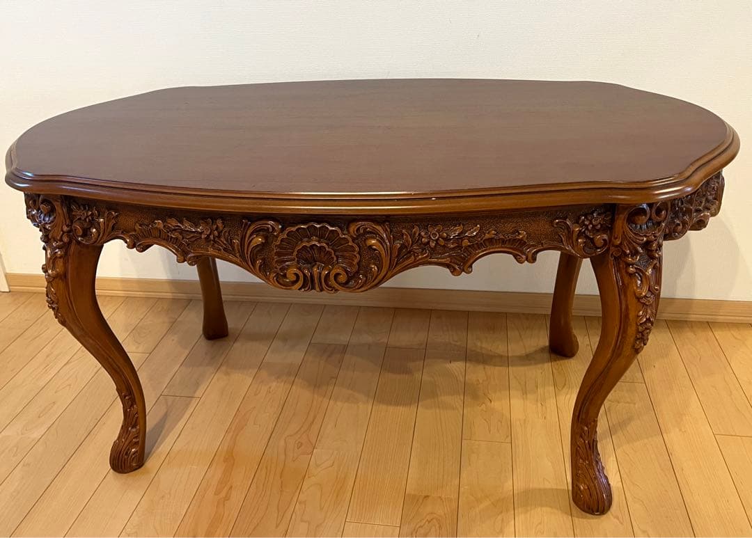 匿名配送】猫足 楕円形☆センターテーブル☆彫 テーブル☆アンティーク