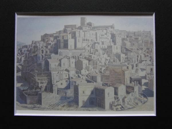 松浦安弘、山頂の町「マテーラ」、希少な画集より、新品高級額・額装付