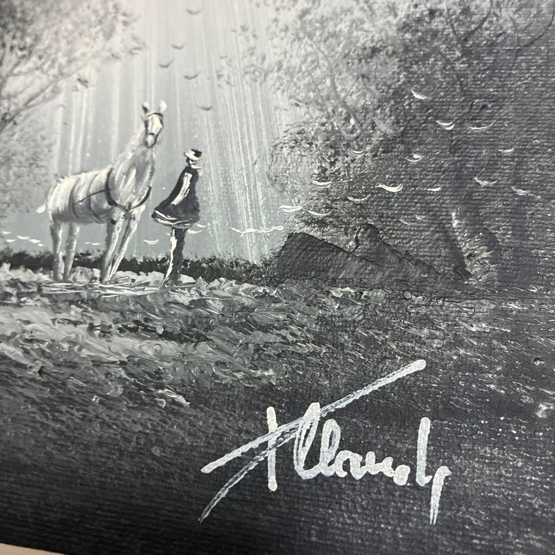 フランス　クロード•パトリック　油絵　幻想的　森の中の白馬と少女