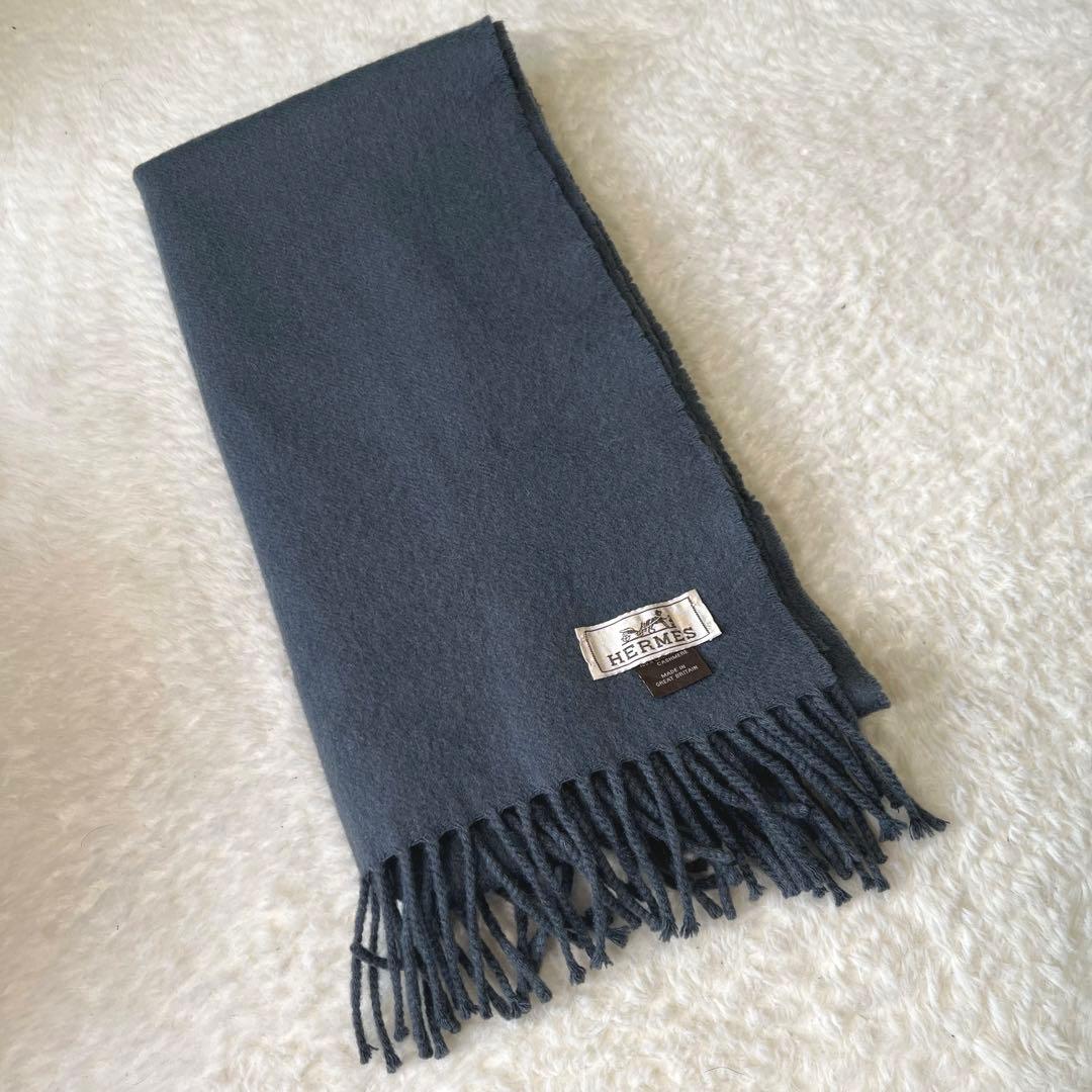 美品 HERMES エルメス グレージュ カシミヤ マフラー タグ 刺繍ロゴ