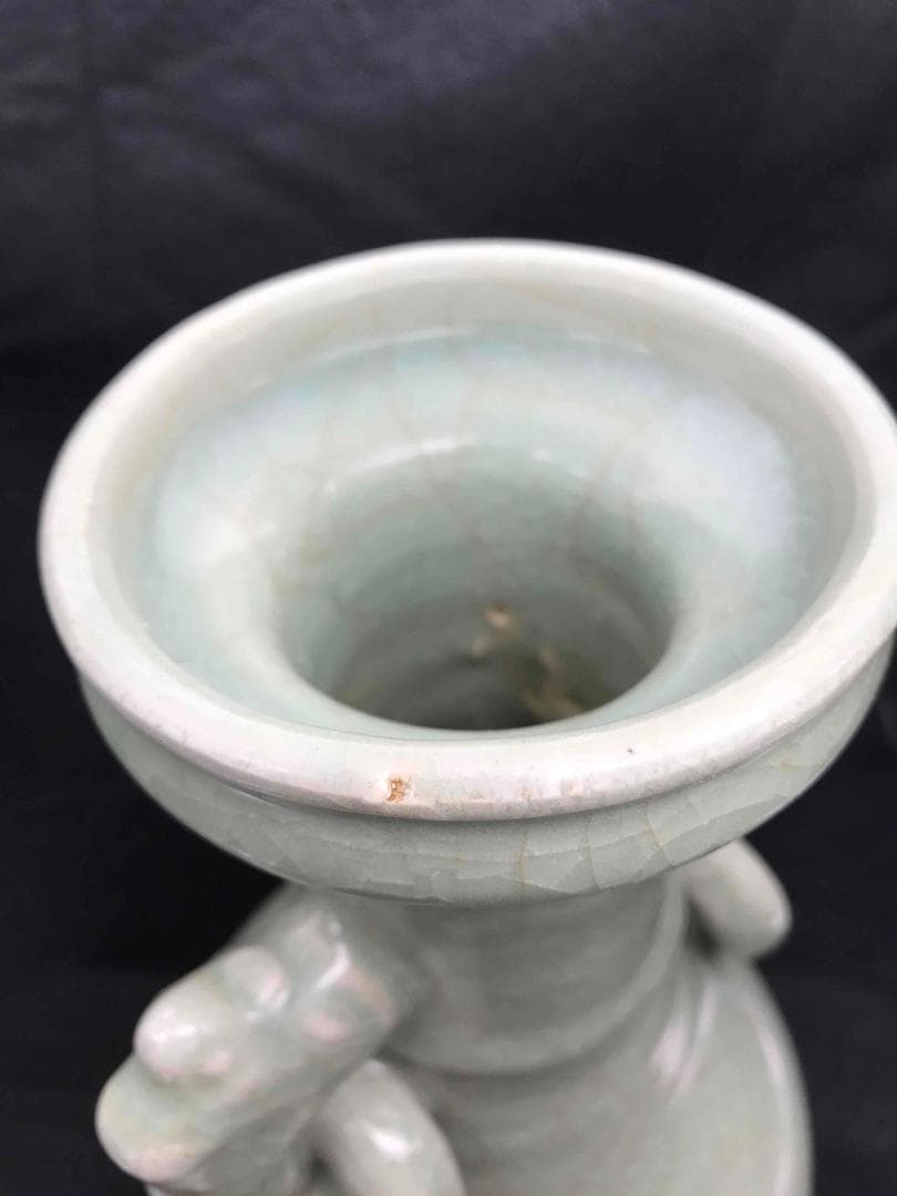 中国古玩 元時代 青磁 龍泉窯双耳瓶 旧家コレクション 蔵出し(A-35