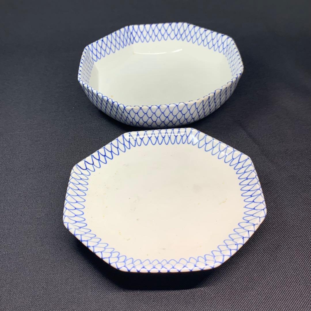 K631☆古伊万里 染付 手書き 網手 蓋もの 江戸後期