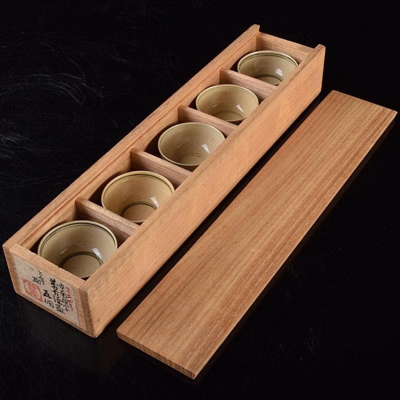 萬古焼　安南模写　蜻蛉絵　酒盃　煎茶器　五客　時代箱付　V　R4747