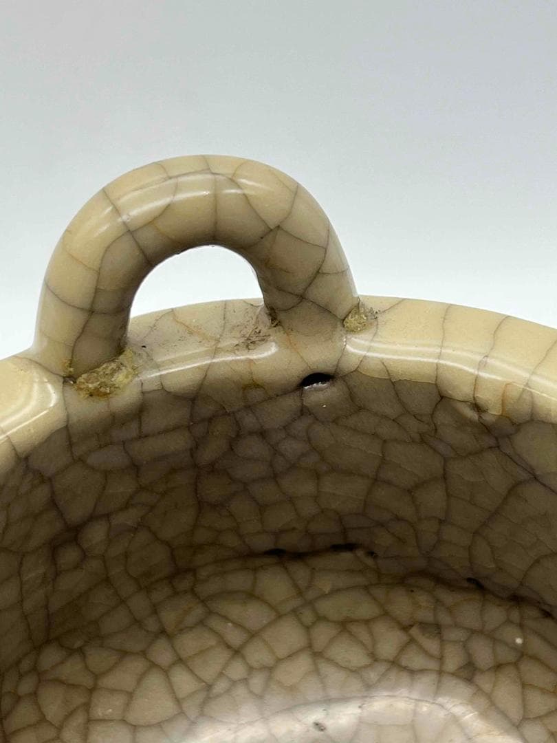 宋時代 青磁 汝官窯包金氷裂紋 支釘焼き 双耳三