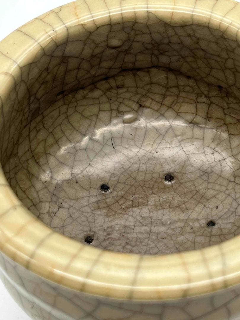 宋時代 青磁 汝官窯包金氷裂紋 支釘焼き 双耳三