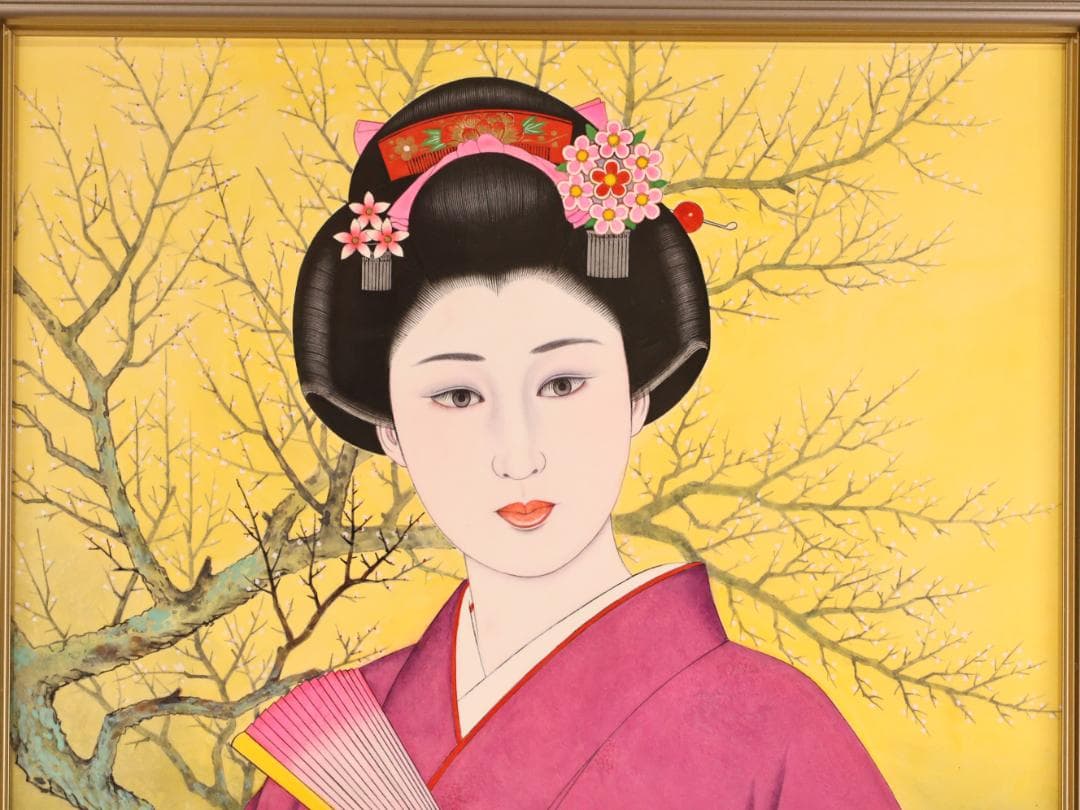 【真作】 BK286　渡部岱龍 「 早春 」 日本画　美人画　黄袋　タトウ