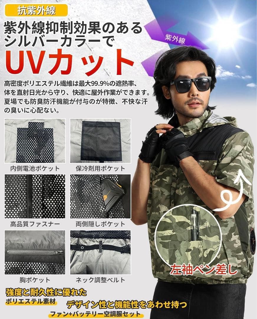 エアコン作業服、半袖、扇風機付き、30000mahバッテリー2XL 冷暖房・空調