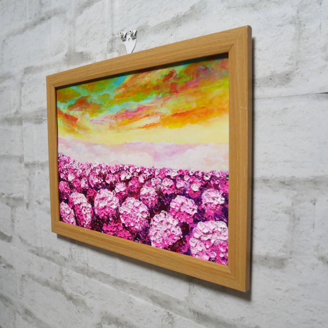 油絵 油彩 油彩画 絵 絵画【天空の夕日と紫陽花】