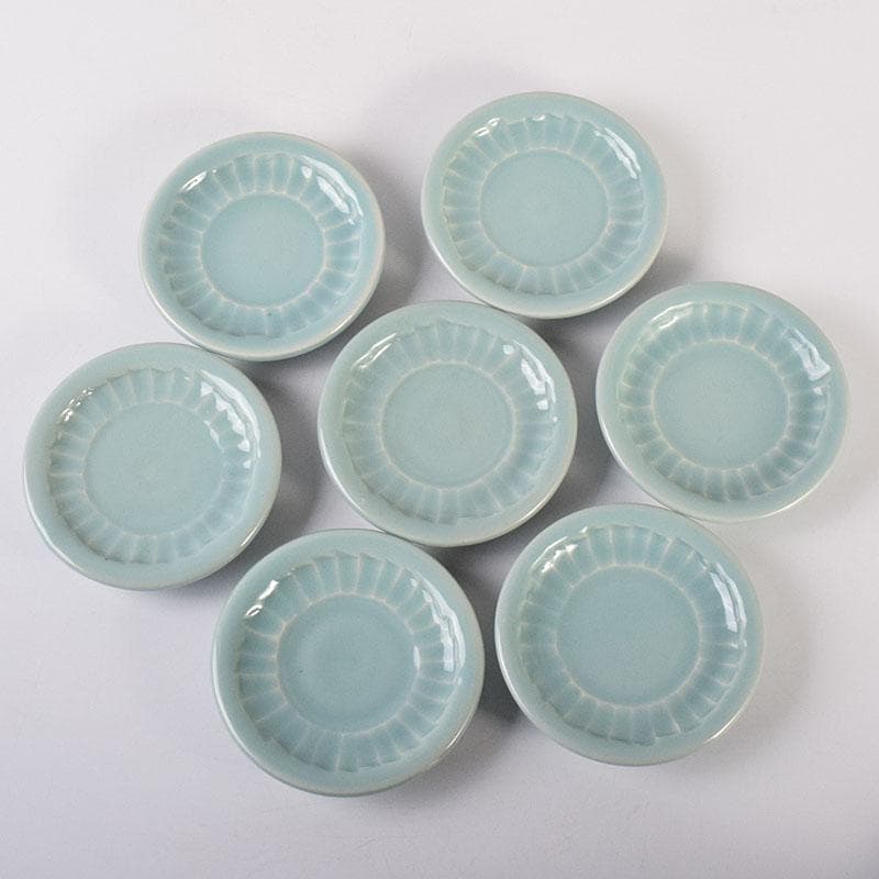 和食器 木野皿山窯 上田恒次作 青磁鎬手 銘々皿 7客 共箱 V R7751