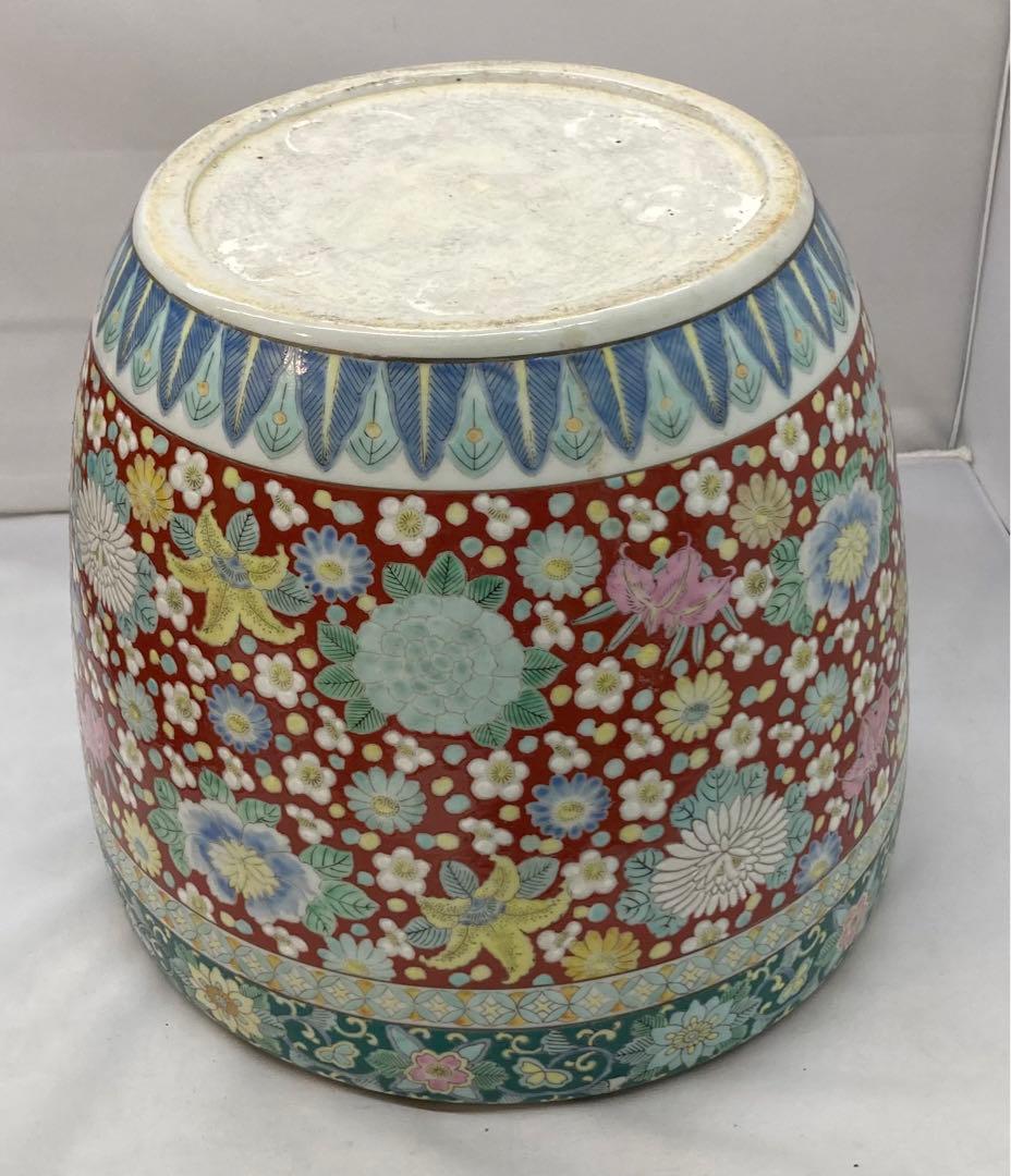 B182s 十錦手「花尽くし火鉢」菊・梅・牡丹 手焙り 鉢カバー 七宝繋