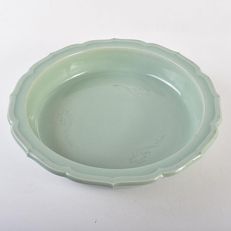 茶道具 京焼 初代宮永東山作 青磁八稜式瑞雲文 水盤 共箱 D R7858B