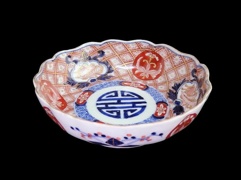 古伊万里 金襴手 菊花四方襷紋に吉祥紋の図 膾皿 2客 D960AS-fbtt