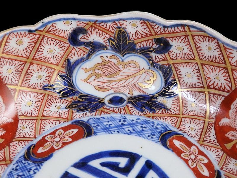 古伊万里 金襴手 菊花四方襷紋に吉祥紋の図 膾皿 2客 D960AS-fbtt