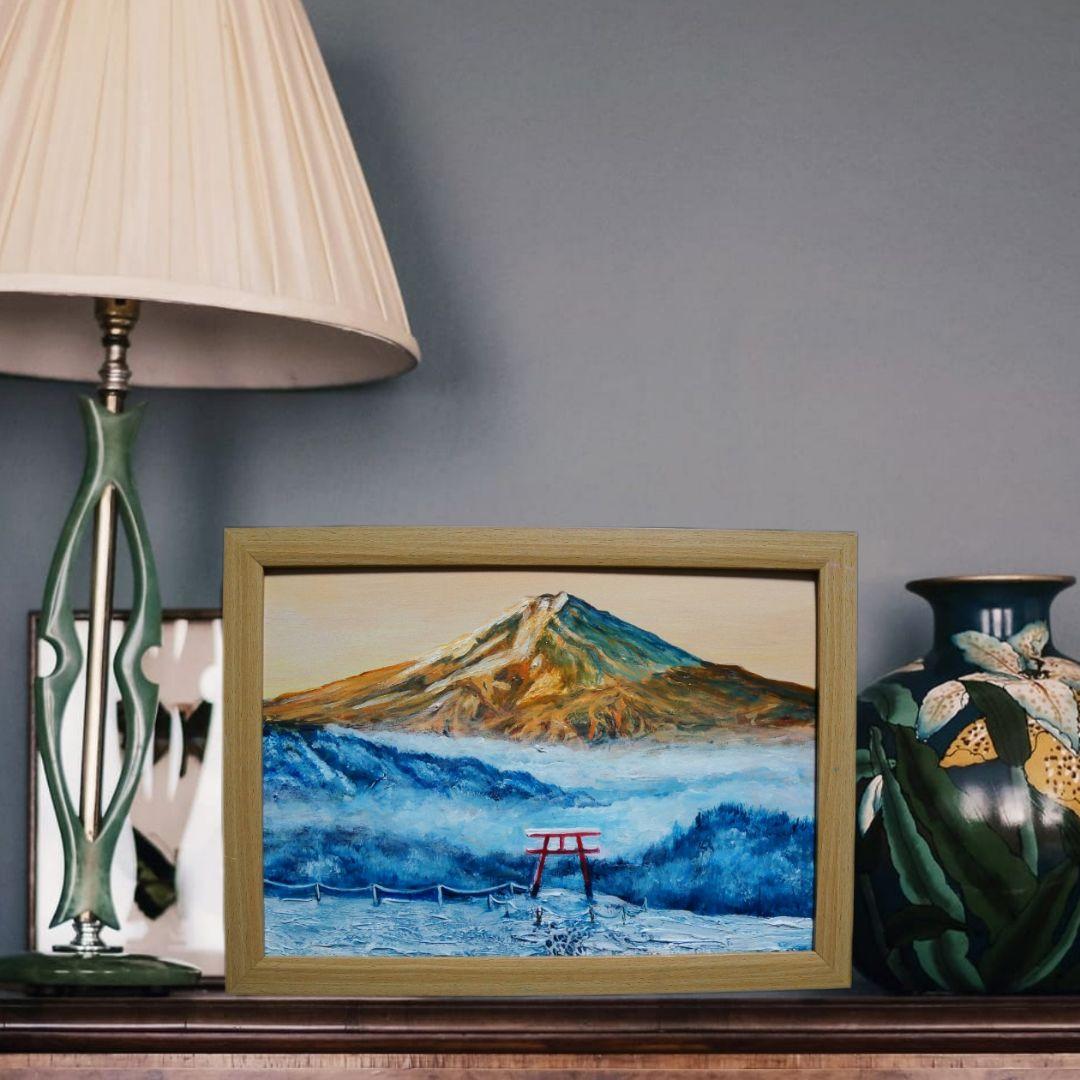 油絵 油彩 油彩画 絵 絵画 【鳥居の夕富士】
