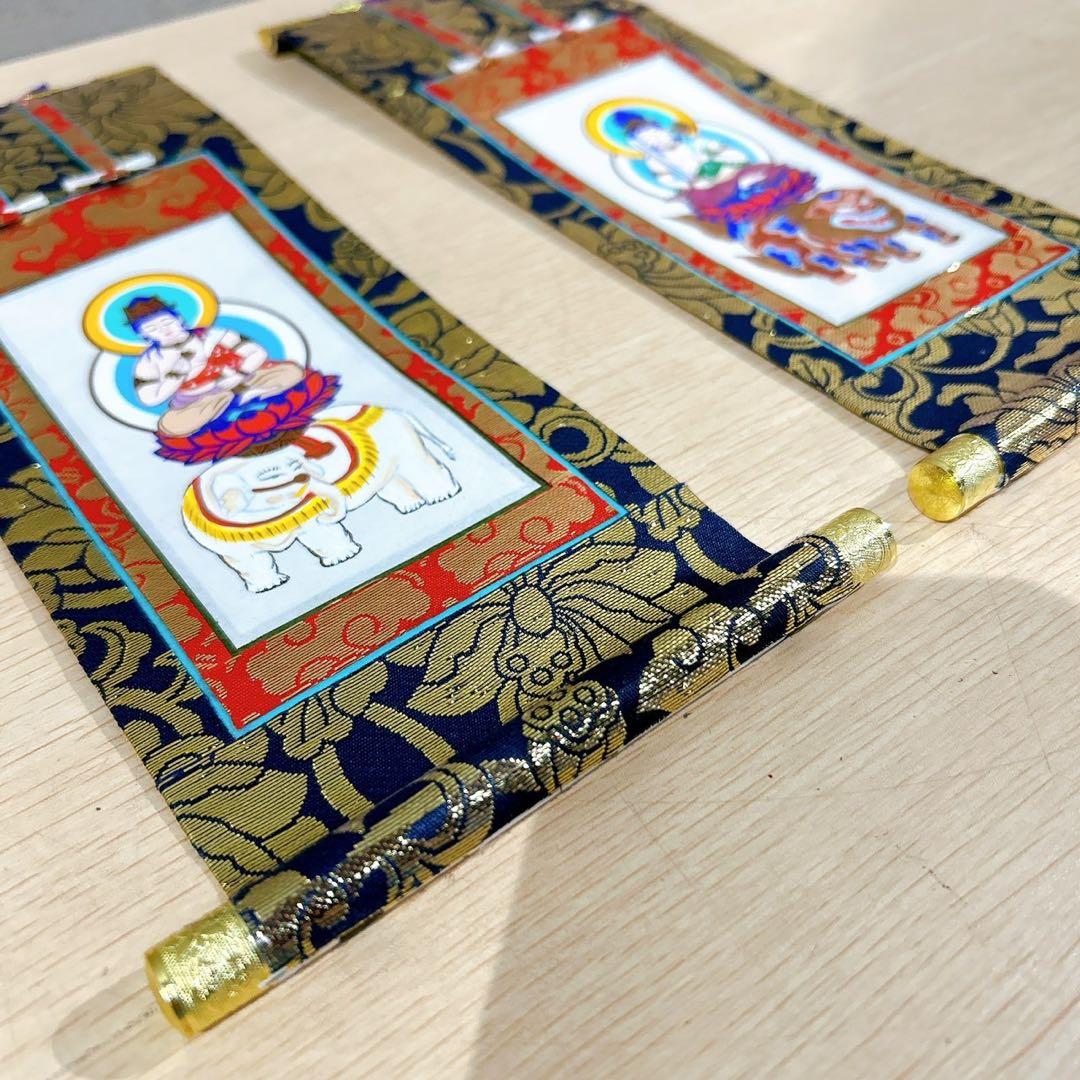 ☆文殊菩薩 普賢菩薩聖 日本製職人手書き 絹本仕様 《上金襴仕立