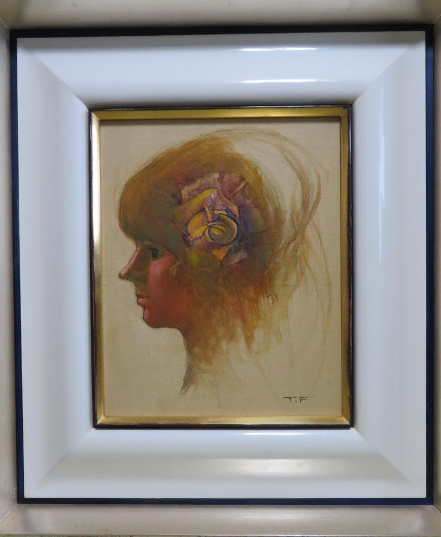 ◆ 作者不明　「少女像」（仮題）　油彩　F3号   アンティーク額◆