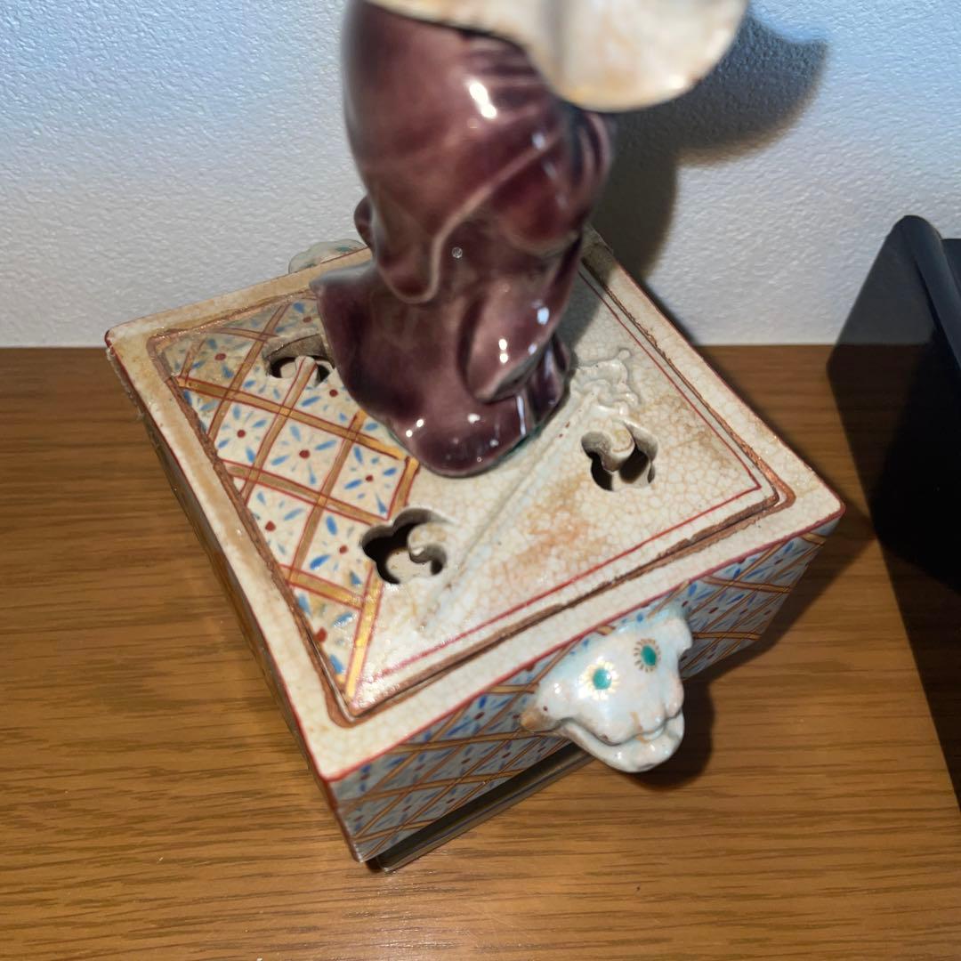 骨董品コレクション 九谷焼 時代物 香炉 蓮花模様獅子飾り