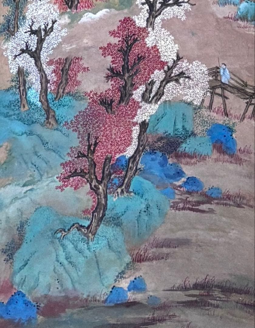 水墨画 掛け軸 白雲紅樹 謝陽画 山水 中国 張大千大風堂 カラー 箱付