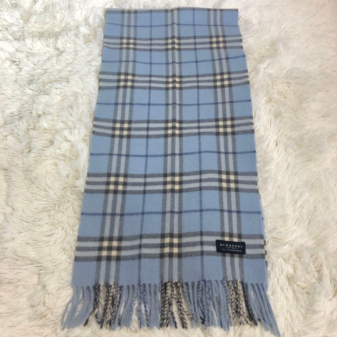 美品♡BURBERRY LONDON カシミヤ100% 水色 バーバリーマフラー - メルカリ