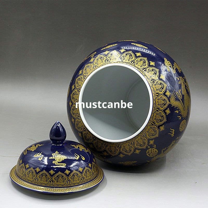 大清乾隆宝石藍蒔金竜紋将軍缶 景徳鎮 陶磁器 装飾品 現代工芸品 美術