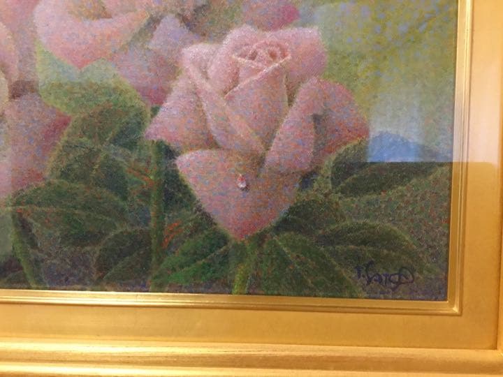 お値下げ 油絵 佐藤哲郎 麗しい薔薇の絵 『爽風』 一滴の雫 美しい点