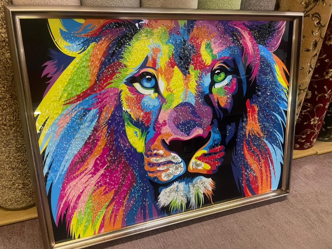 水晶絵　ライオン　幅80　カラフル　アニマル　アートパネル　絵画　ペイント　絵