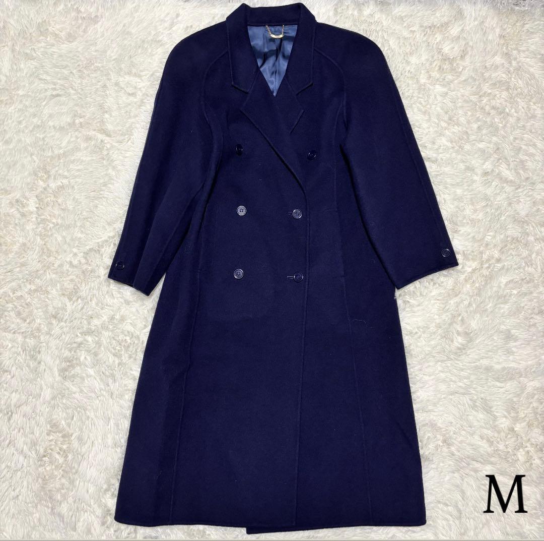 ラム50%【vintage】ウール マキシ丈ダブルチェスターコート 濃紺 M